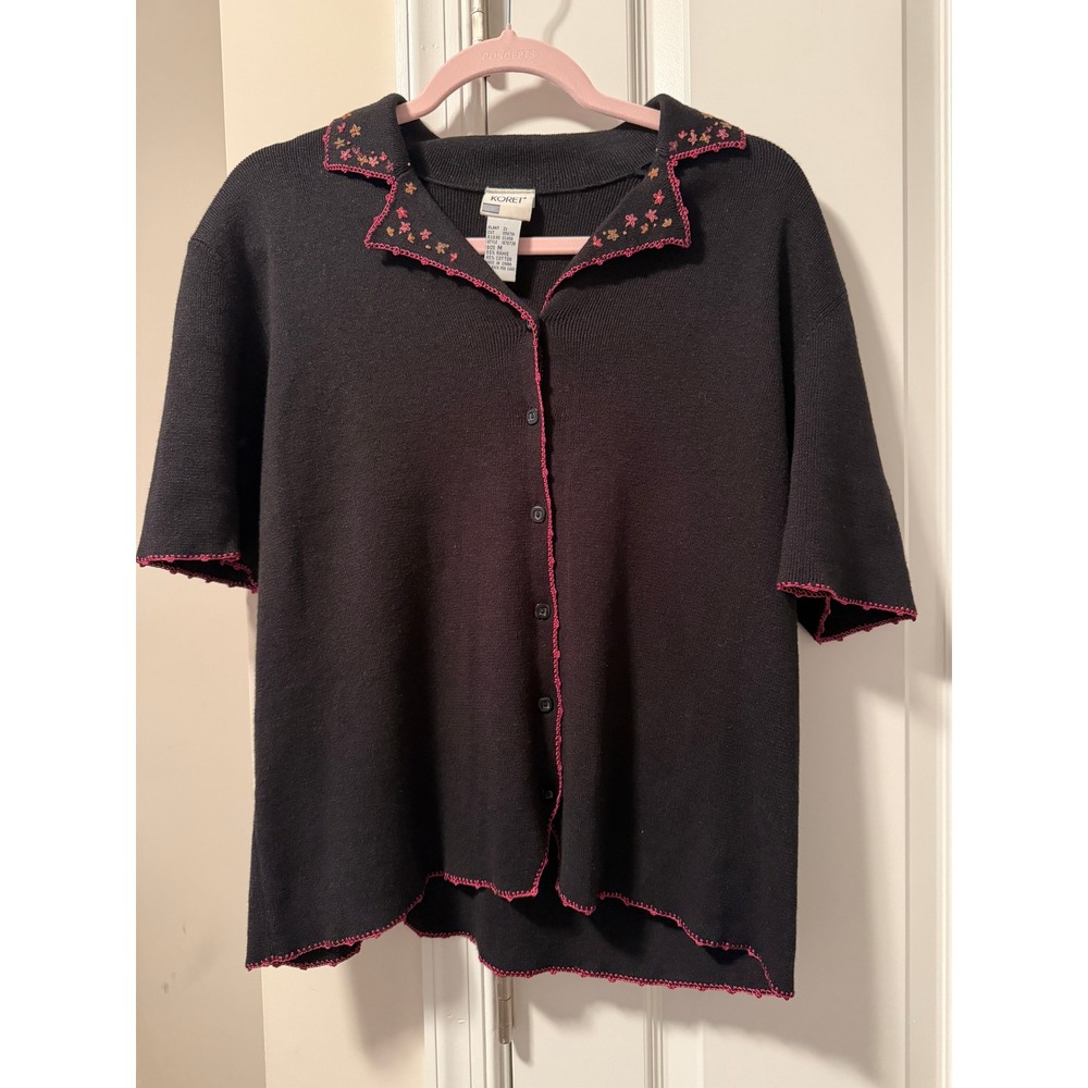 Koret Womens Black Knit Cardigan Sweater Floral Embroidered Trim Short Sleeve M